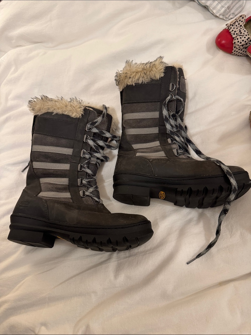 Keen Gray Lace-Up Faux-Fur Trim Winter Boots